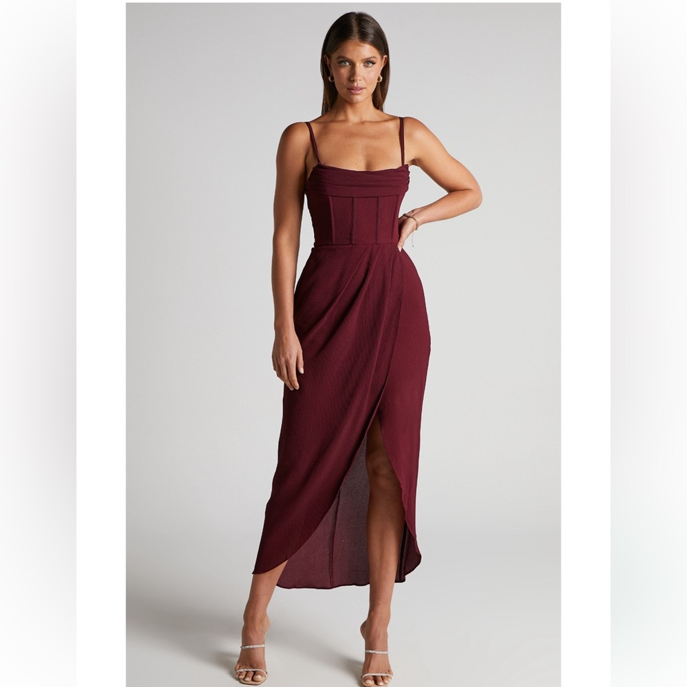 Andrina midi dress - high low wrap corset dress in wine red